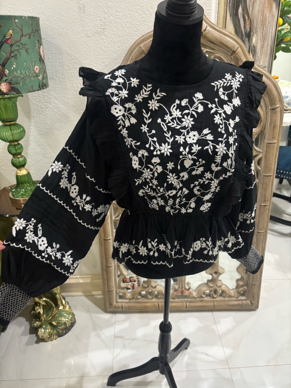 Black Embroidered Ruffle Peasant Top - White Floral Detail